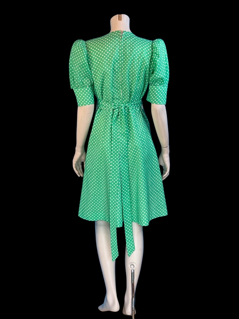70s Green Polka Dot Baby Doll Dress with White Daisy trim / S M - Picture 8 of 10